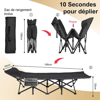 Pat pliabil de camping ATORPOK SHOP pentru adulti, 200 kg, negru