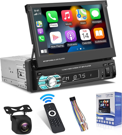 Hikity Apple Carplay Car Radio 1 DIN with Screen, 7 Inch Manual Touchscreen Car Radio Bluetooth with Android Car Mirror Link FM SWC USB AUX TF Car Radio Touch Display with Reversing Camera AHD