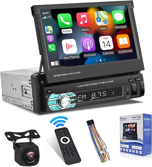 Hikity Apple Carplay Car Radio 1 DIN with Screen, 7 Inch Manual Touchscreen Car Radio Bluetooth with Android Car Mirror Link FM SWC USB AUX TF Car Radio Touch Display with Reversing Camera AHD