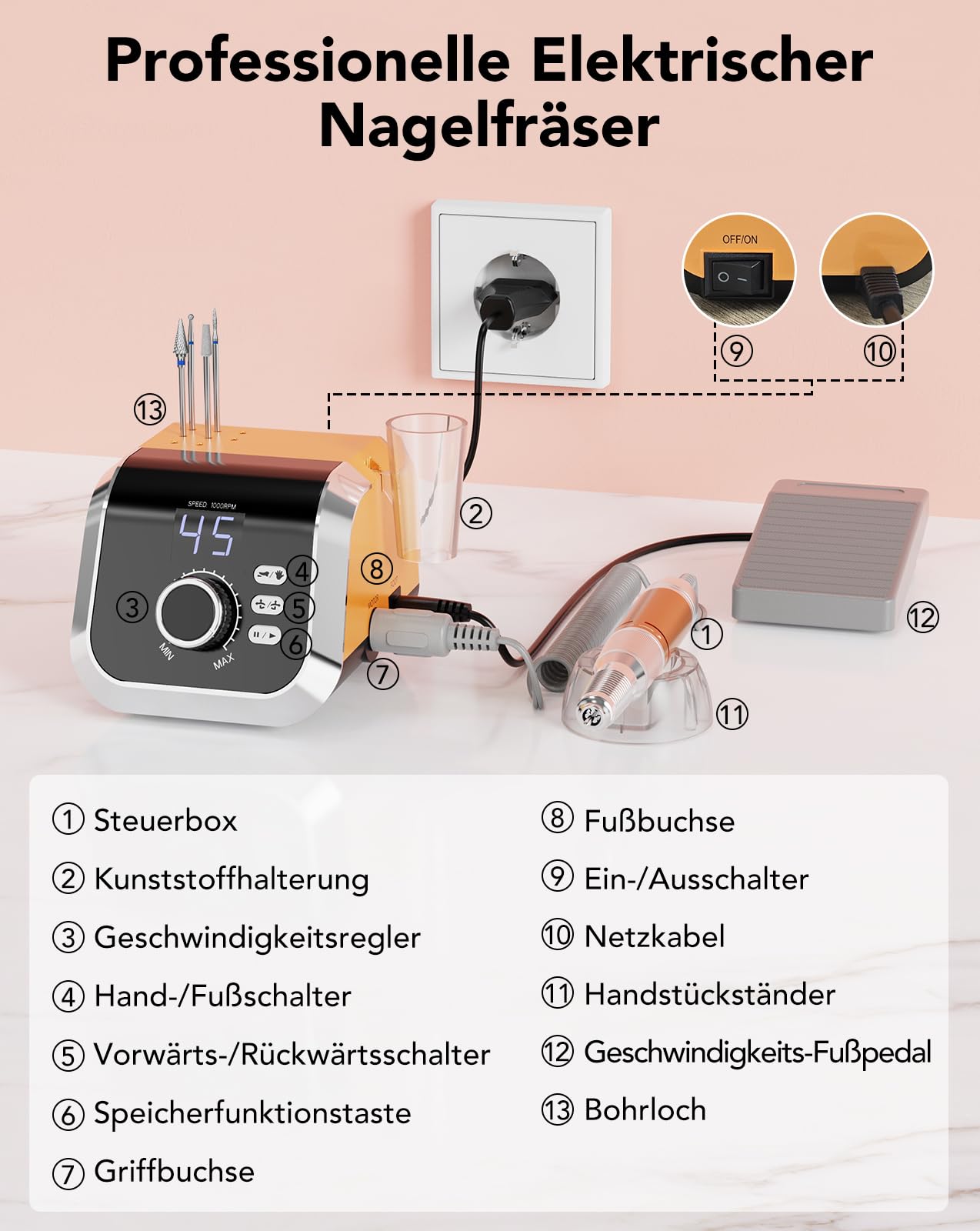 Freza unghii HOMEASY 45000 RPM cu pedala wireless si display LCD