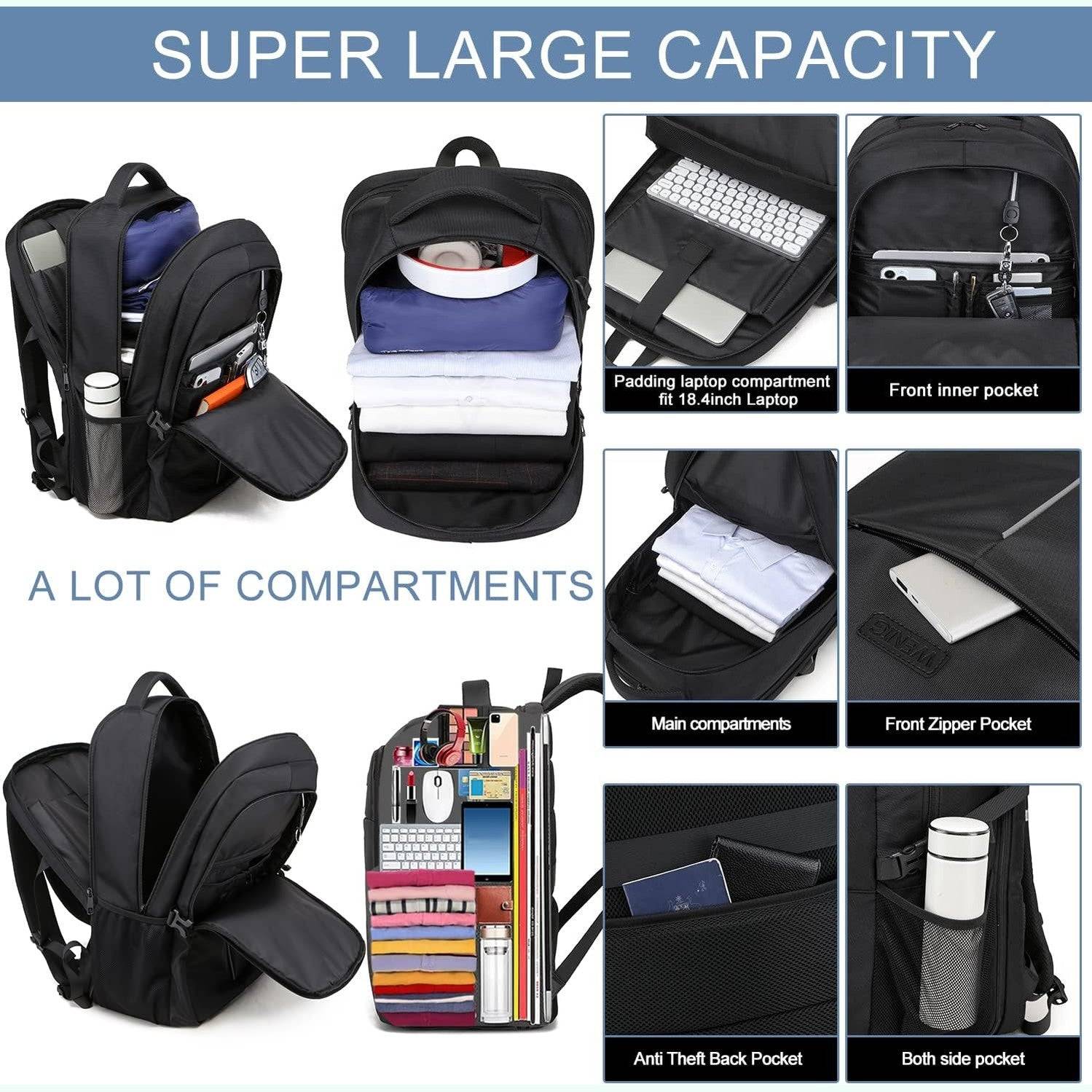 18.4 Laptop Backpack,Extra Large Travel Backpack for Men 55L,Water Resistant Laptop Backpack Work bag with USB Charging Port Business TSA Approved Computer Rucksack for Men Women College School,Black