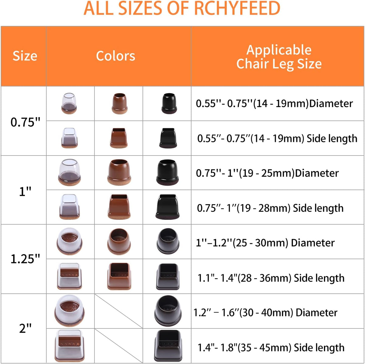 Capace patrate RCHYFEED pentru picioare de scaun, silicon transparent maro cu pasla, marimea Large, 2,8-3,4 cm, set 24 bucati
