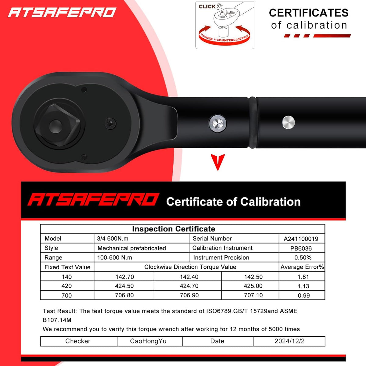 Cheie dinamometrica ATsafepro pentru roti si camioane, 3/4 inch, 100-600 Nm