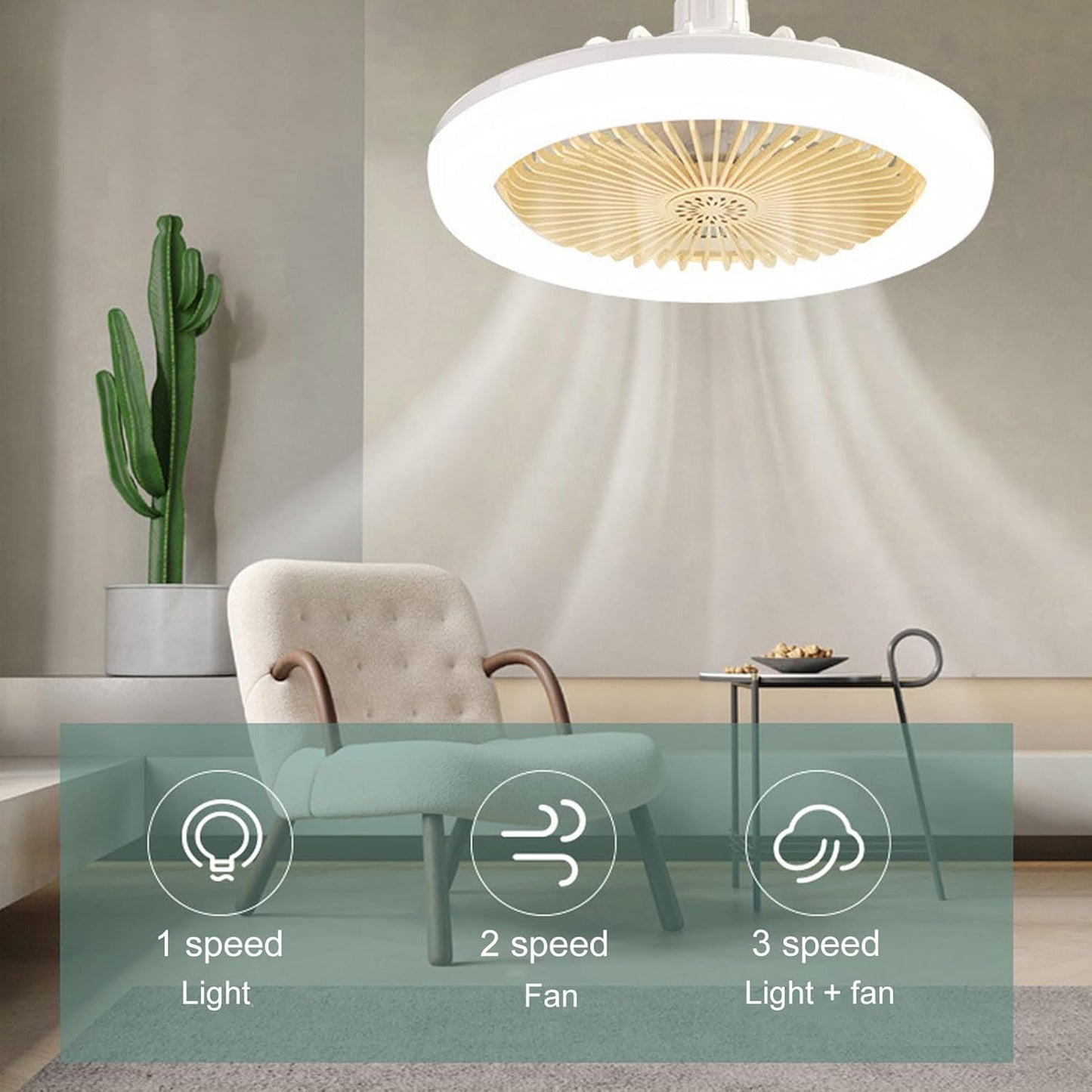 Ceiling Fan with Light & Remote Control, 10 30 W E27 Small Socket Fan, 3 Colours, 3 Wind Speeds, LED Fan Light with Aromatherapy for Garage, Cabinet, Kitchen