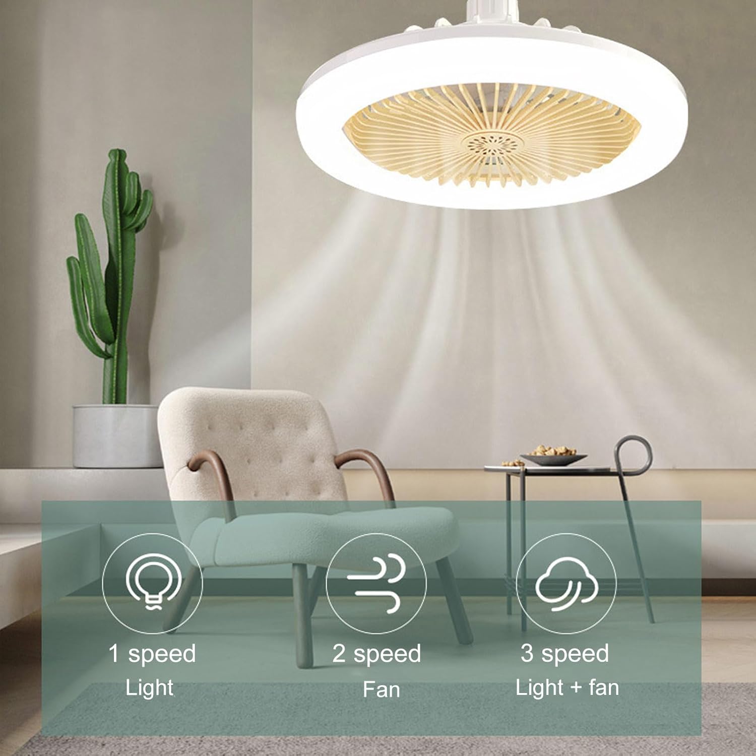 Ceiling Fan with Light & Remote Control, 10 30 W E27 Small Socket Fan, 3 Colours, 3 Wind Speeds, LED Fan Light with Aromatherapy for Garage, Cabinet, Kitchen