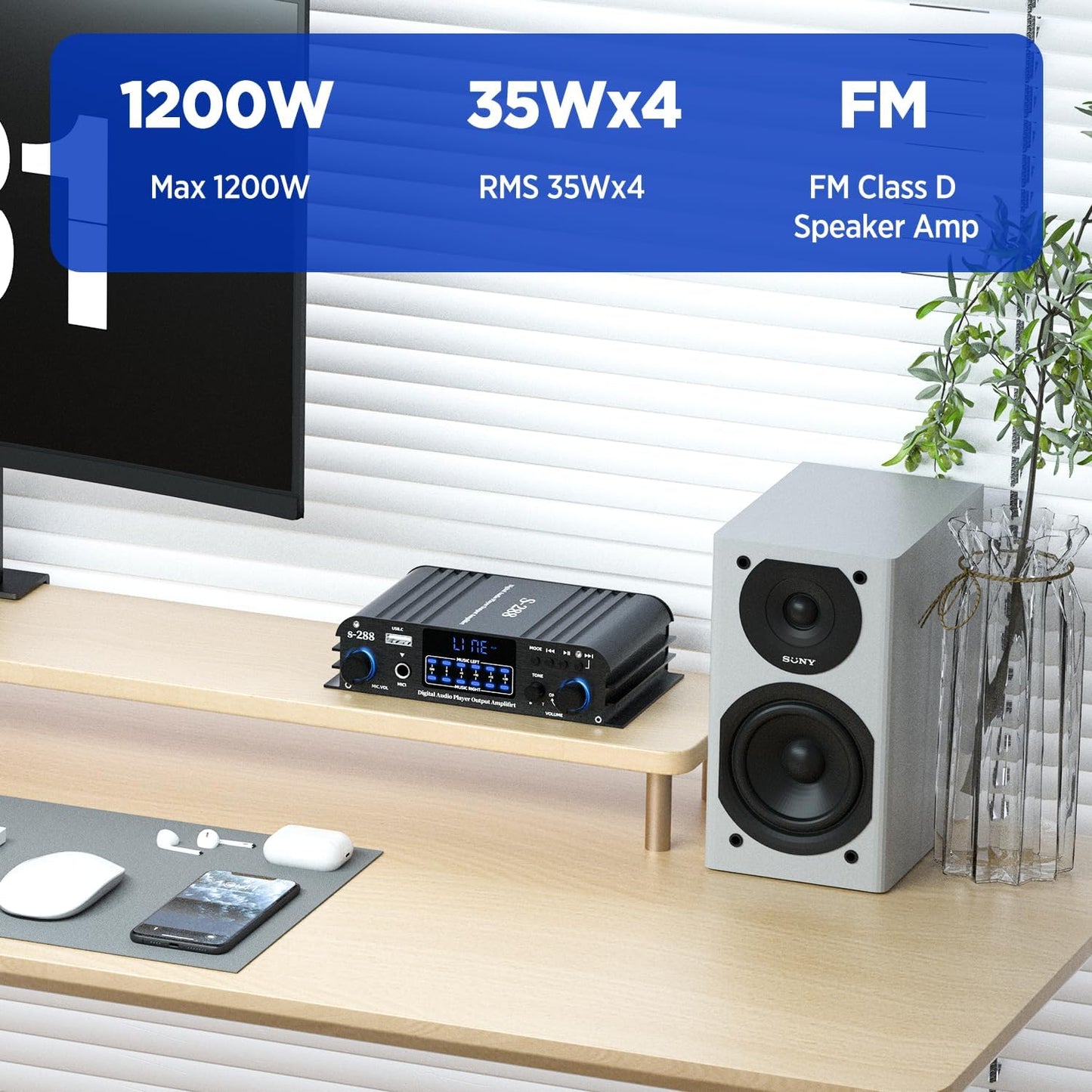 4.1 Channel Amplifier, 1200 W Mini HiFi Stereo Amplifier, Bluetooth 5.0 for Home Speakers 35 W x 4 from 110-240 V to DC 12 V with USB/Microphone/FM with Remote Control