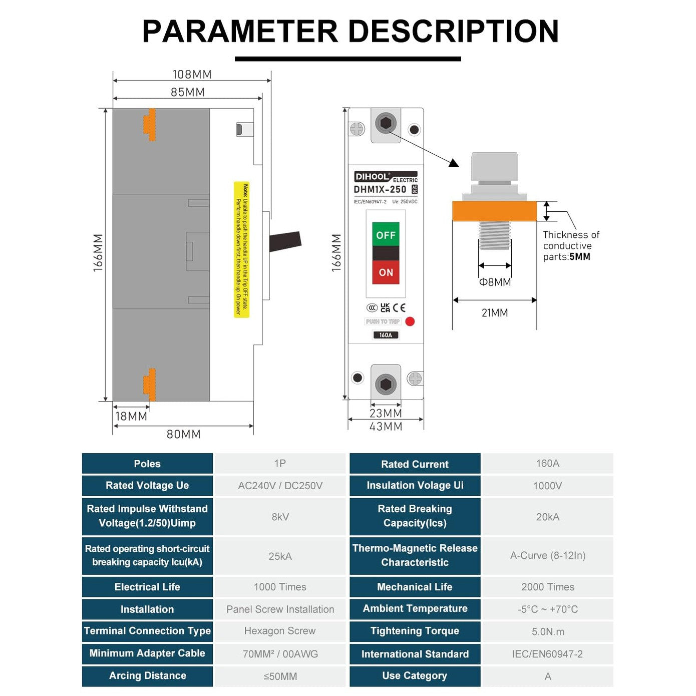 DIHOOL 160 A PV MCCB DC Isolator Switch, 1 Pole, DC250 V, Photovoltaic Compact Circuit Breaker for PV, Solar System, Solar Modules, Power System