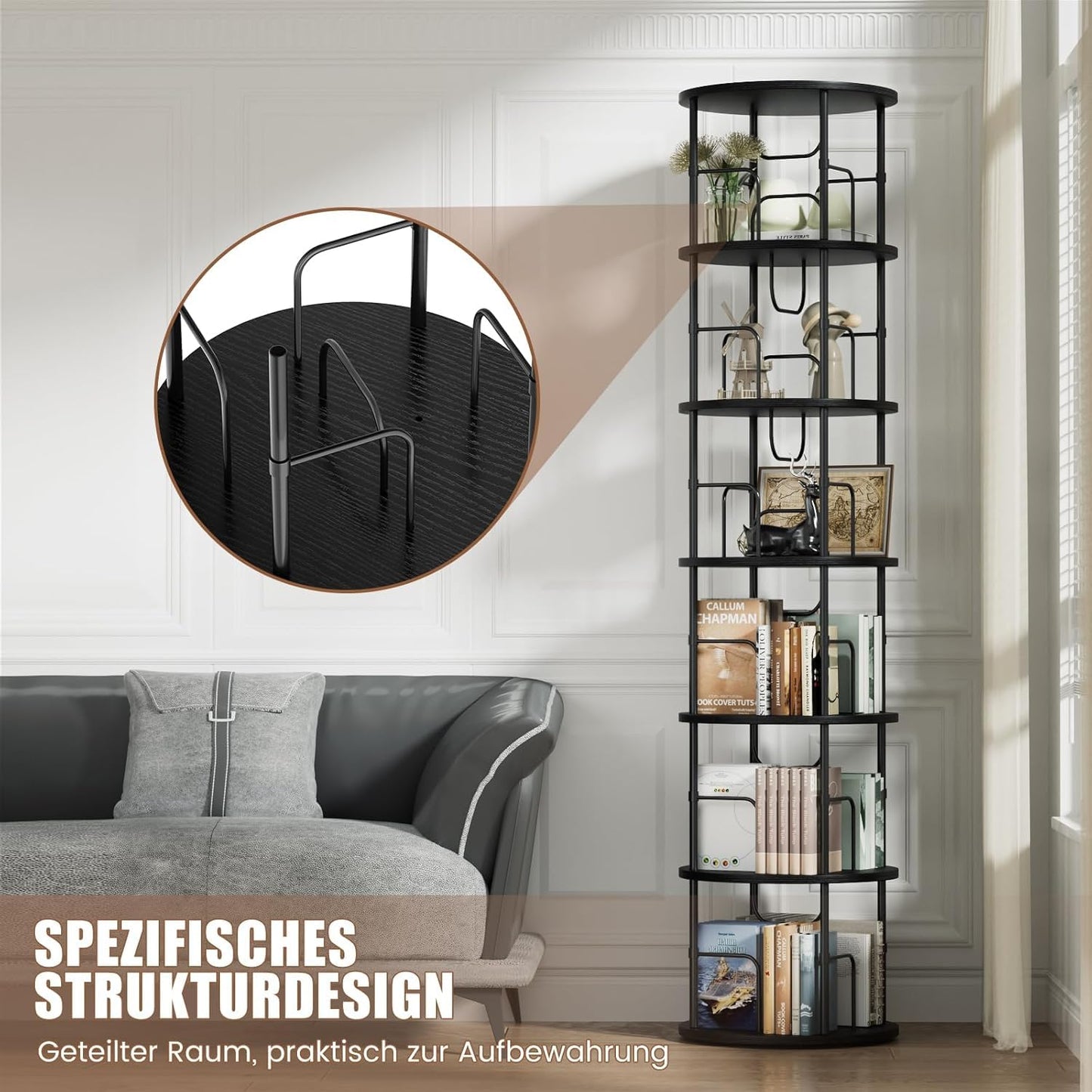 Biblioteca rotativa Generisch 6 niveluri 45x45x193 cm neagra