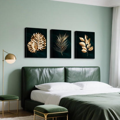 Tablou canvas Halflemart Golden Leaves 3 panouri 150x70 cm