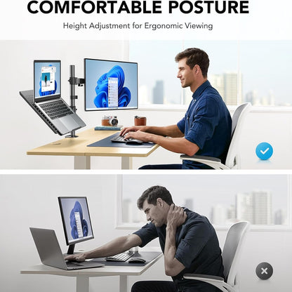 HUANUO Adjustable Monitor Stand, Single Arm Desk Mount for 32 inch Screen and 17 inch Laptop, Heavy Duty Ergonomic Bracket Holds 22lbs