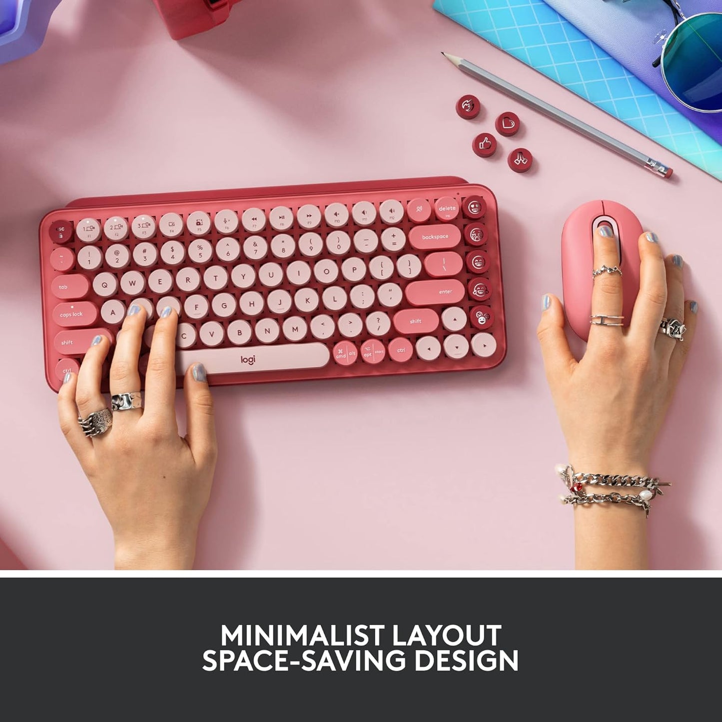 Logitech POP Keys Mechanical Wireless Keyboard with Customisable Emoji Keys, Durable Compact Design, Bluetooth or USB Connectivity, Multi-Device, OS Compatible - Heartbreaker