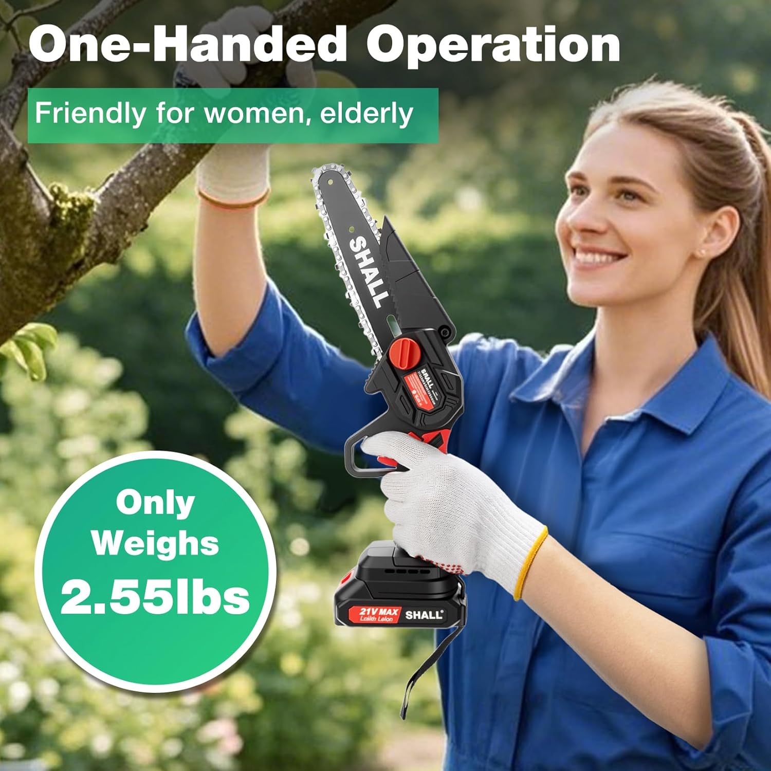 SHALL Portable Mini Chainsaw, Brushless Motor 21 Volt, 2 Fast Charge Batteries, 4 Chains, Cut Branches, Gardening, Best Choice for Husband, Dad, Wood DIY Lovers
