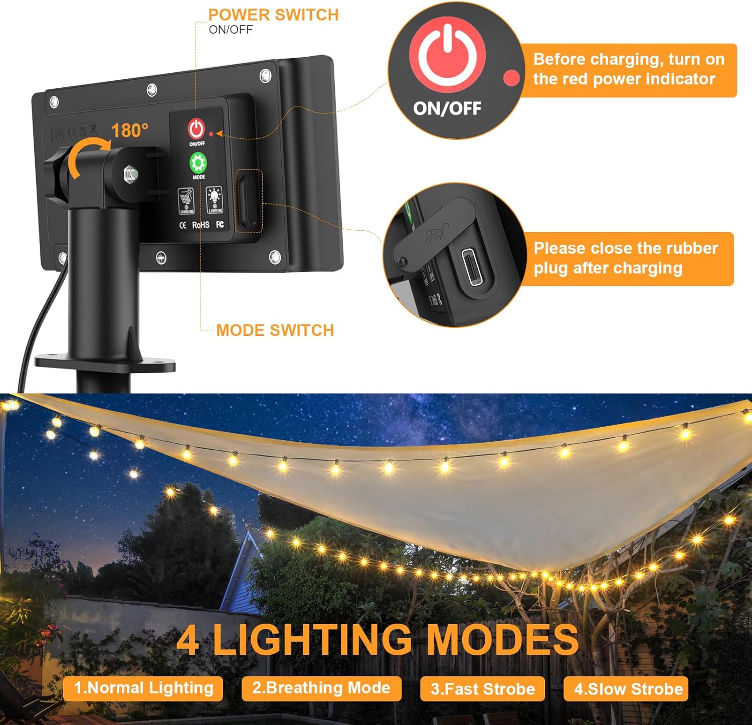 Solar Fairy Lights Outdoor, 30.6 m Fairy Lights Bulbs Outdoor 50 + 2 LEDs G40 Bulbs, Waterproof 4 Mode Solar Garden Garland Lights for Patio, Backyard, Balcony, Party (USB Powered)