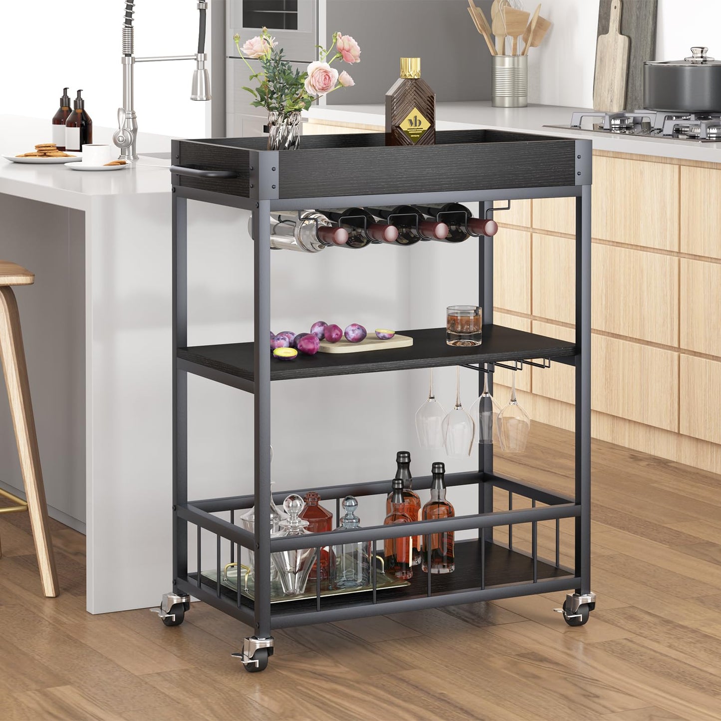 Carucior servire Huhote elegant 3 rafturi, suport sticle, negru