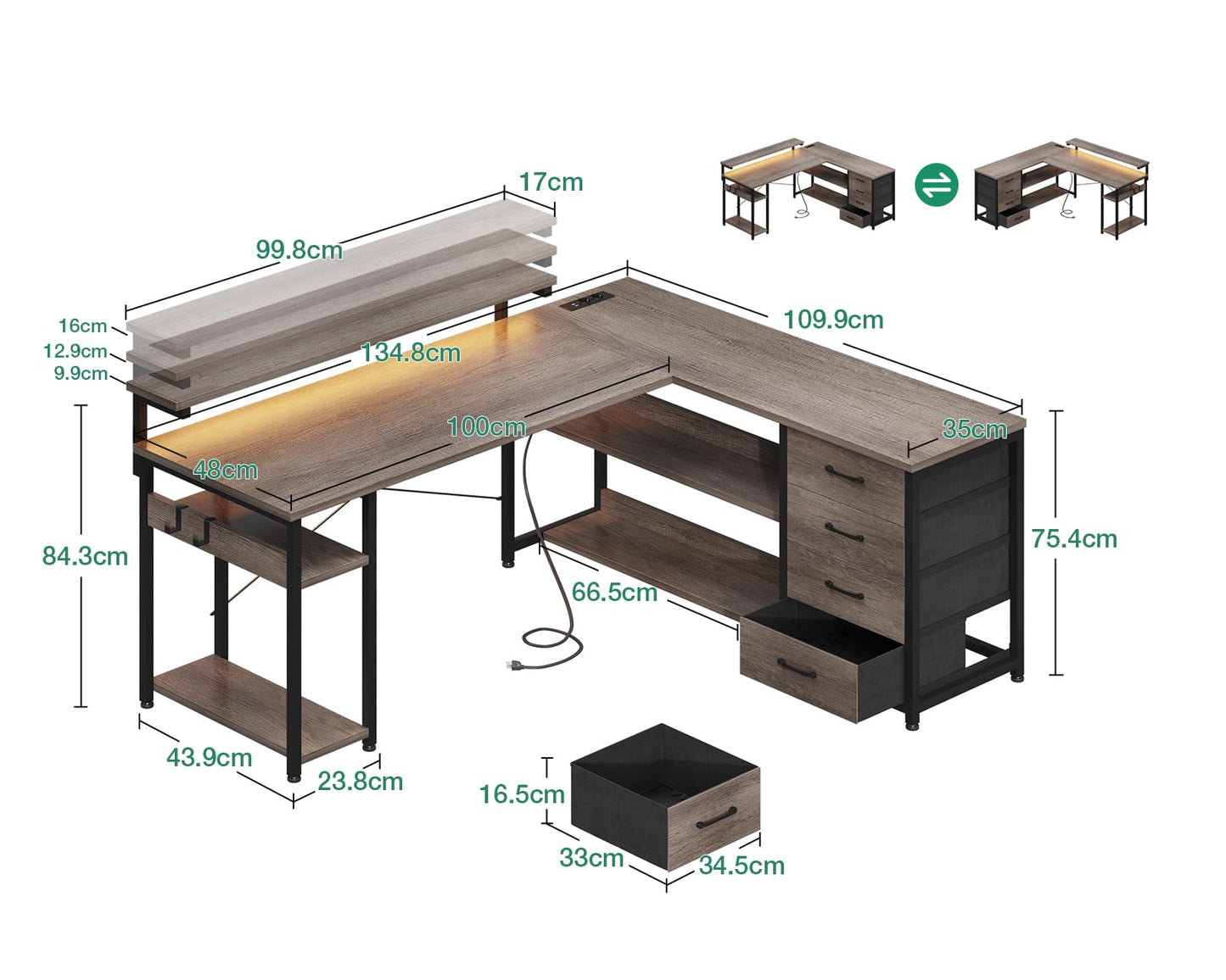 Birou ODK L-Shaped Desk 135x110cm LED prize si sertare gri