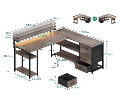 Birou ODK L-Shaped Desk 135x110cm LED prize si sertare gri