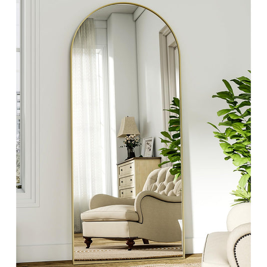Oglinda podea curbata 181x63 cm BEAUTYPEAK, stand si montaj perete, auriu