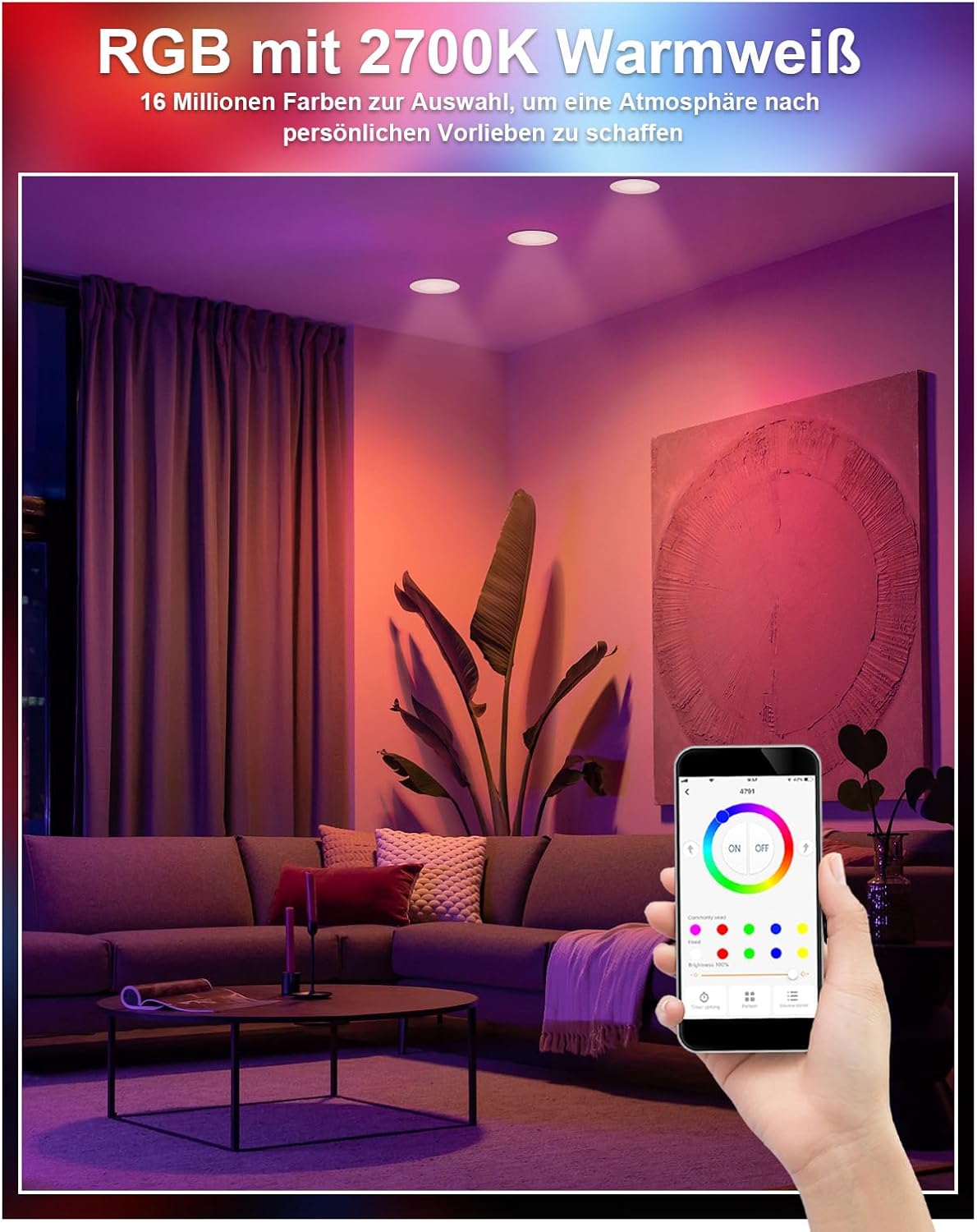 VARICART Recessed Spotlight 230 V RGB Alexa, Smart LED Spotlight, Flat, Bluetooth, 7 W, Warm White, Set of 6, Dimmable Colourful, Ceiling Spotlights, Music Sync App Control, Colours Spotlights