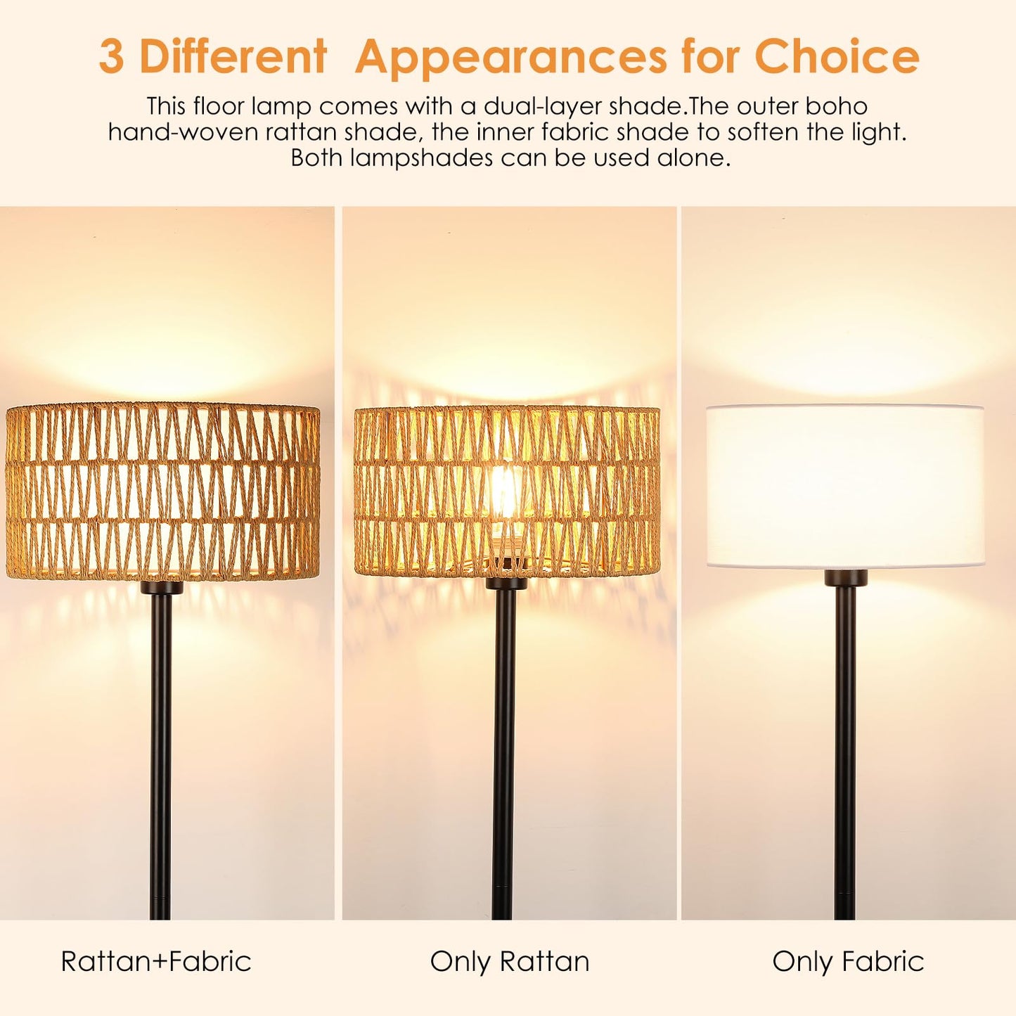 Lampa de podea Qingmiao Rattan Boho LED 8W baza metalica neagra