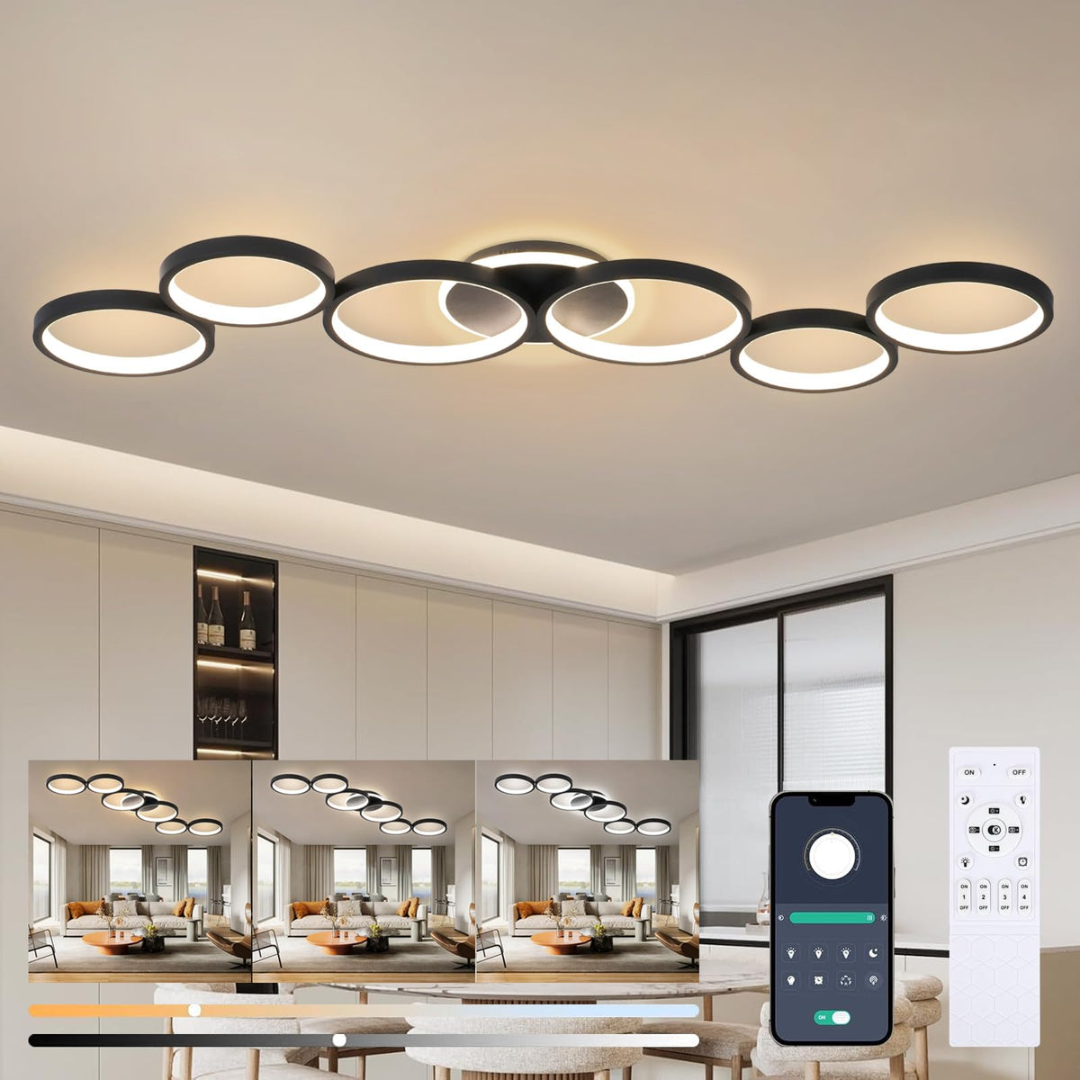 LED Ceiling Light Dimmable Living Room Ceiling Lamp White Living Room Lamps Bedroom Light Remote Control and APP Control, Modern 6-Ring Round Ceiling Lighting with Memory Function, L113cm/69W