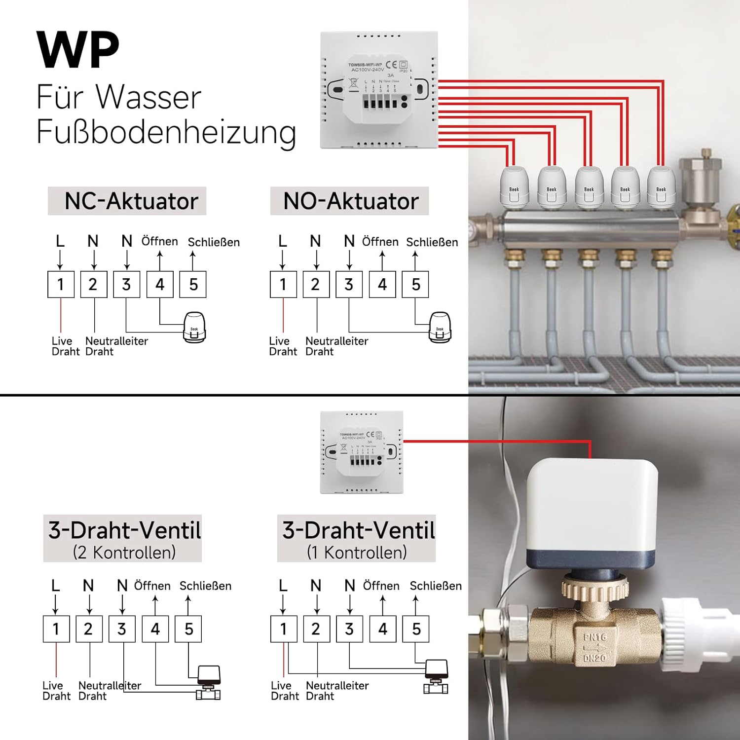 Beok Thermostat Heating Smart, WiFi Thermostats Underfloor Heating for Water Heating, Programmable Room Thermostat Tuya App Compatible with Alexa, Google Home 3A TGW60B-WIFI-WP Black