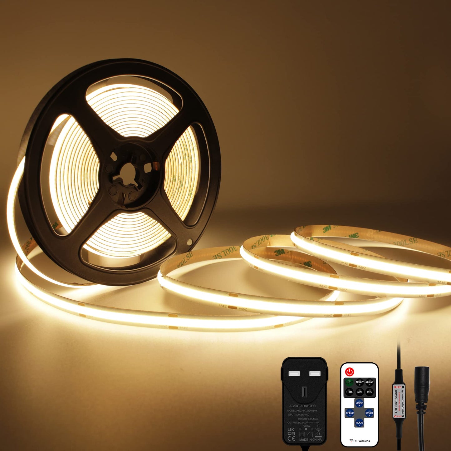 TTWAY COB LED Strip Lights 2700K, Dimmable LED Strip Kit, Super Bright 24V LED Tape Lights CRI90+ with RF Remote and UKCA Power Supply for DIY Home Decoration, 3M, 1440LEDs, Warm White.