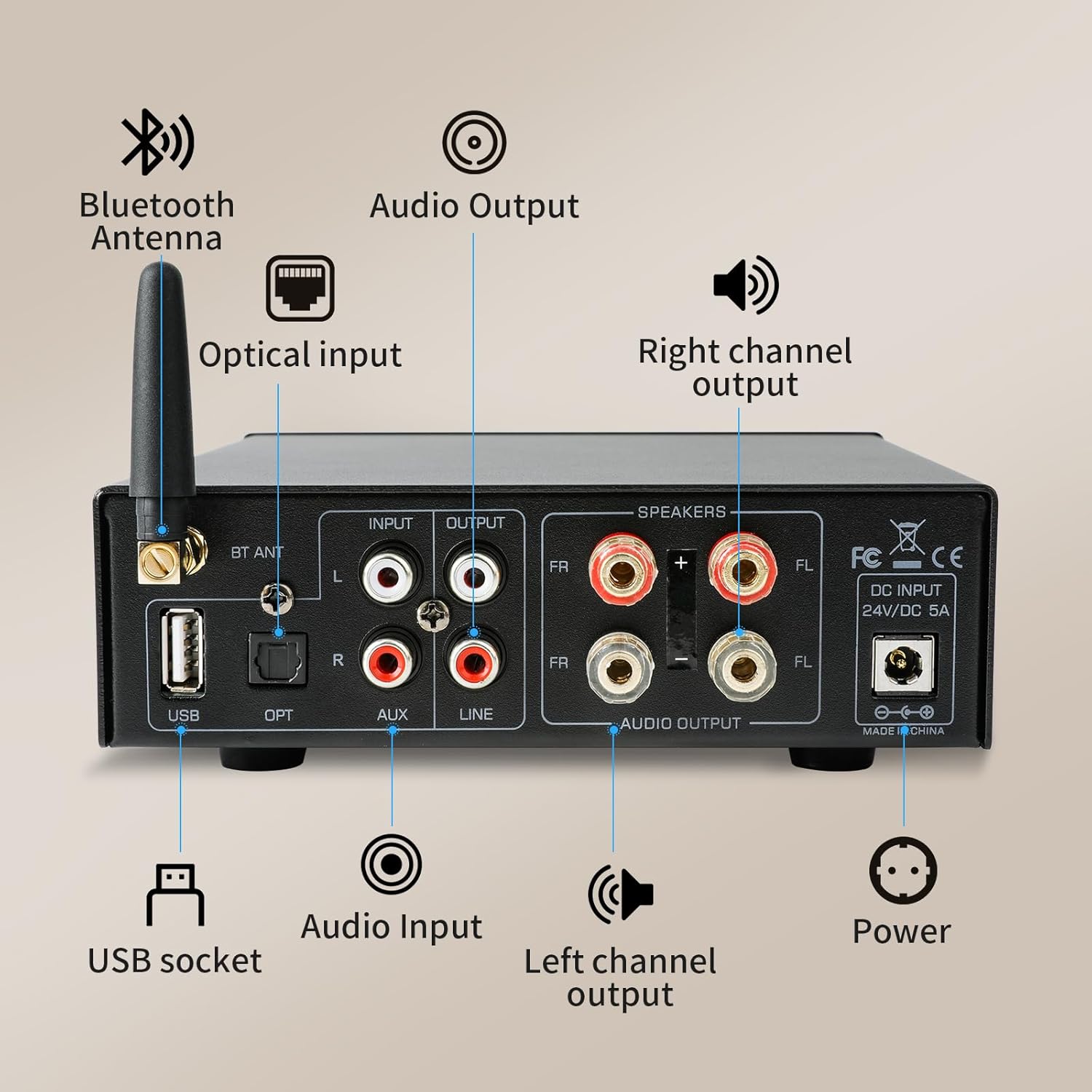 HiFi Amplifier, 2000W Mini HiFi Amplifier, 2.0 Channel 100W*2 Bluetooth 5.3 TPA3116 Chip Stereo Audio Amplifier, Digital Power Amplifier Sound Amplifier, Opt/AUX/USB Card Input, for Home or Car