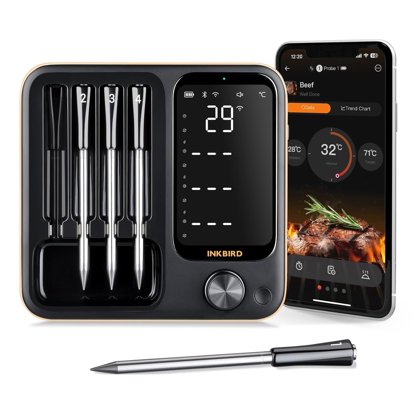 Inkbird INT-14-BW Meat Thermometer Wireless, Smart Grill Thermometer WiFi 2.4G and Bluetooth 5.4 Signal 91 m, Oven Thermometer for Oven, Grill, Smoker, Rotisserie Airfryer Oven