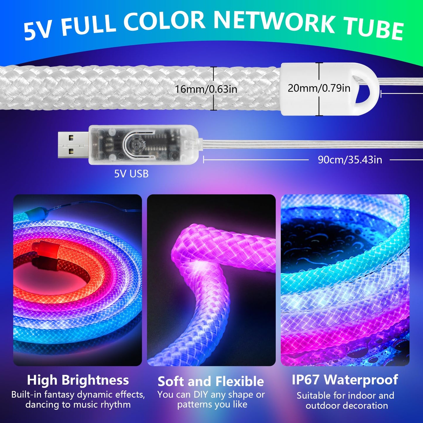 Banda LED 3M RGBIC Neon Rope Light 5V USB IP67 APP Remote