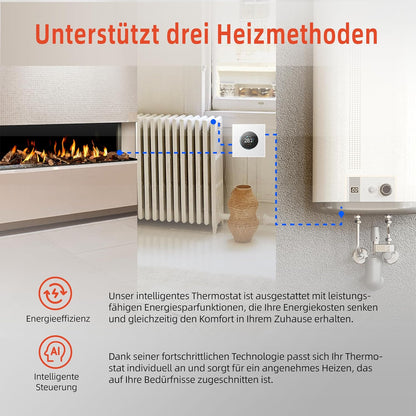 Funspread Smart Thermostat Heating Thermostat - Wall Thermostat WiFi Digital Thermostat with Alexa, Google Home, Tuya, Smart Life App Rotary Switch TFT LCD Monitor 3A White