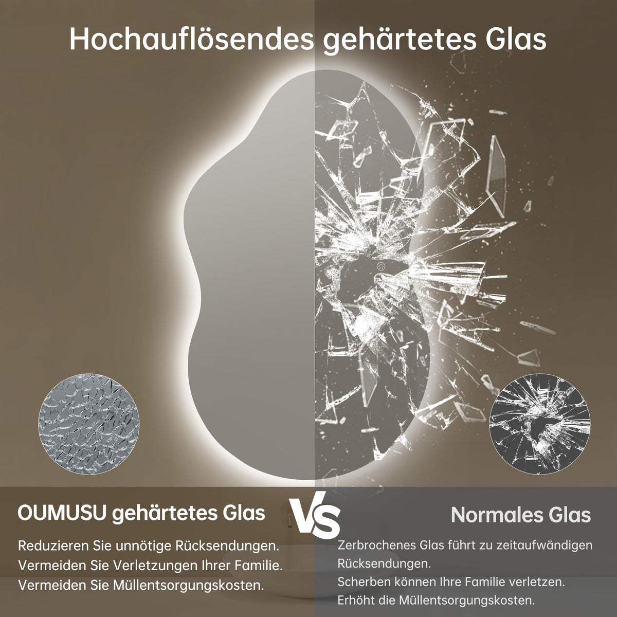 Oglinda baie OUMUSU LED asimetrica 100x60 cm anti-aburire