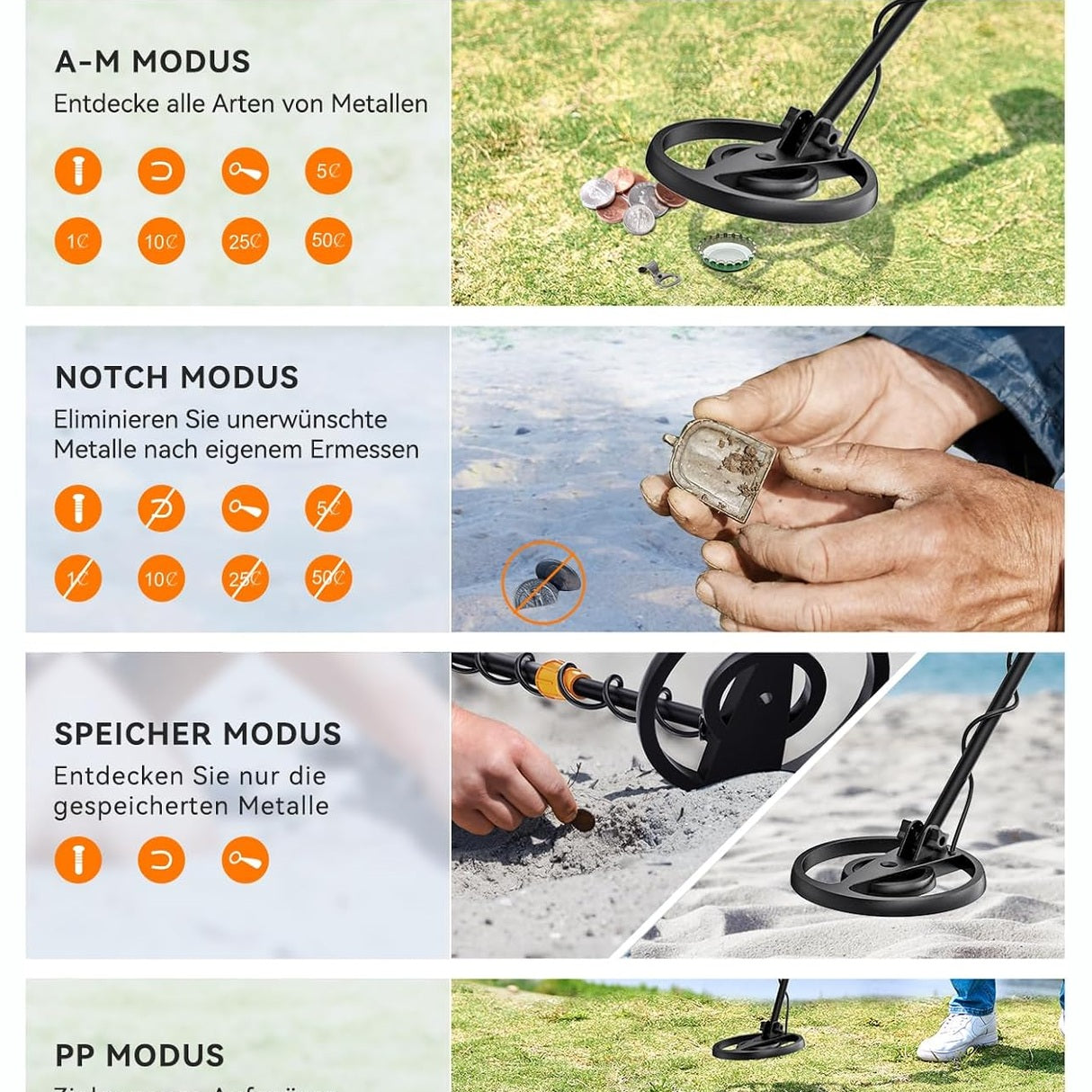 SUNPOW Metal Detector Professional Set, IP68 Waterproof Coil, Strong Anti-Interference, Improved Durable Chip, High Accuracy, 4 Modes for Adults and Children