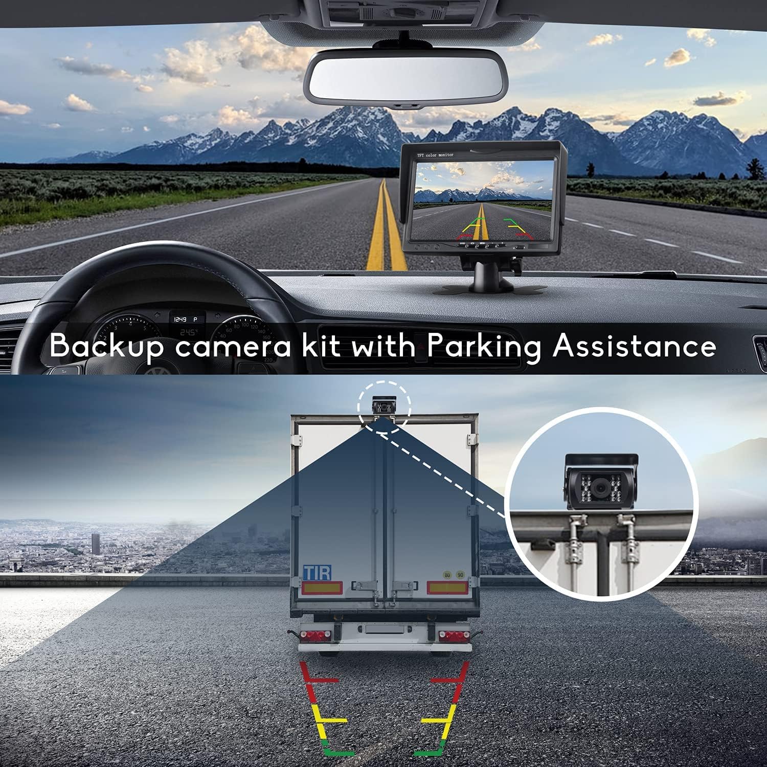 Retrocamera Camper Telecamera per Auto, Monitor LCD da 7" e Telecamera per Auto Kit, Impermeabile IP67 HD Visione Notturna con Linea di Ritardo di 15 m Sistema di Sensori di Parcheggio
