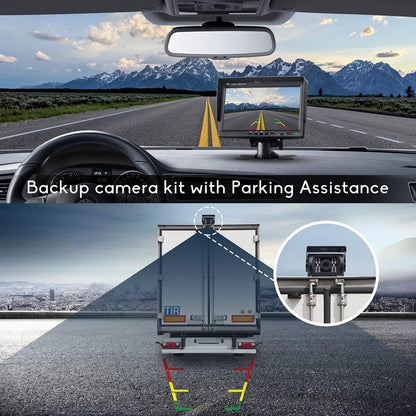 Retrocamera Camper Telecamera per Auto, Monitor LCD da 7" e Telecamera per Auto Kit, Impermeabile IP67 HD Visione Notturna con Linea di Ritardo di 15 m Sistema di Sensori di Parcheggio