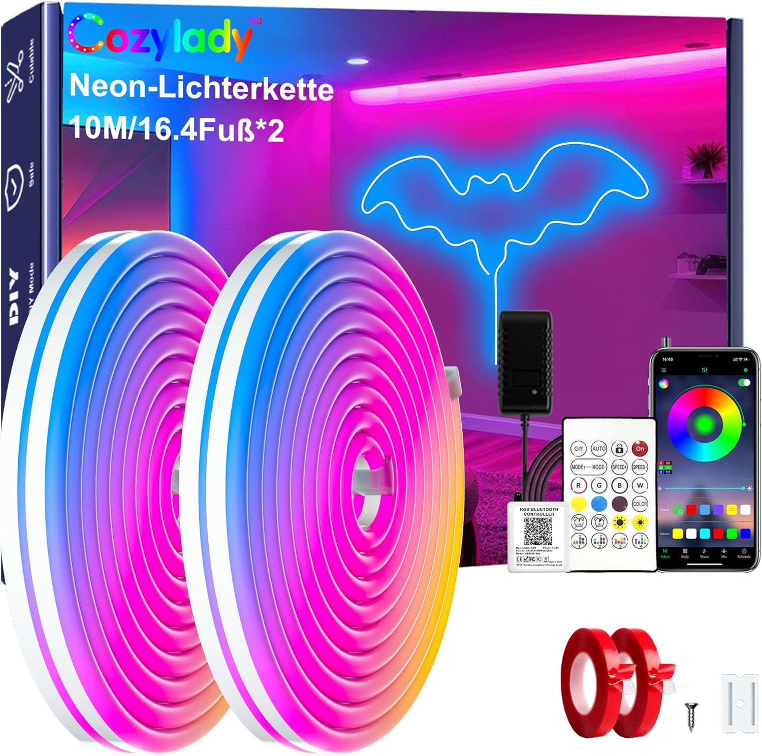 Cozylady RGB Neon LED Strip Light, with Remote Control, App Control, Waterproof Flexible RGB Strips, 24 V LED Neon Strip for Bedroom, Home Interior Decoration (10 M/30 Feet)