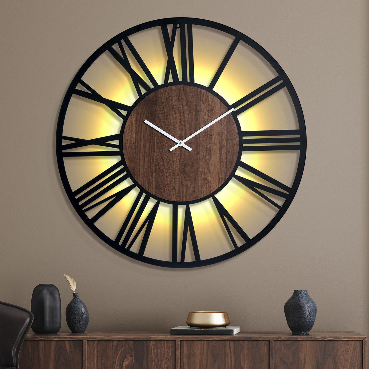 Ceas de perete metalic 24 inch cu senzor lumina si sunet