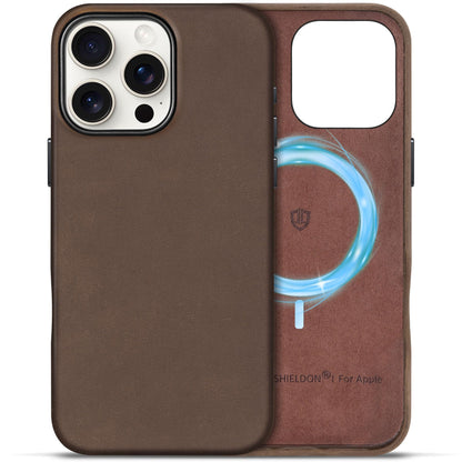 SHIELDON Case for iPhone 16 Pro 6.3" 2024, Genuine Leather, Magnetic Wireless Charging, Slim Fit, Non-Slip, Metal Button, Shockproof Protective Case Compatible with iPhone 16 Pro - Nappa Saddle Brown