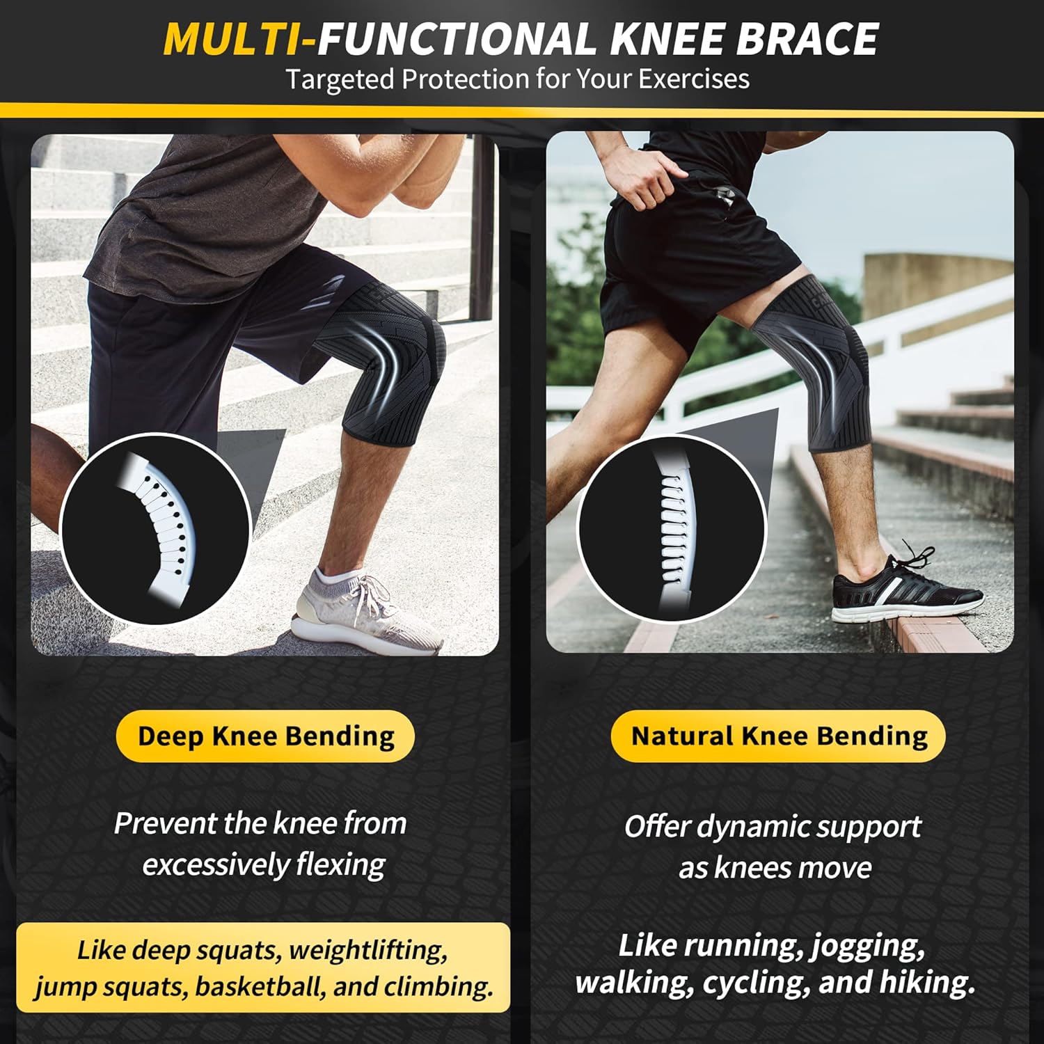 CAMBIVO 2 Pack Knee Brace with Side Stabilizers & Patella Gel Pad for Women and Men, Knee Support for Weightlifting, Climbing, Knee Compression Sleeves for Pain Relief, Arthritis