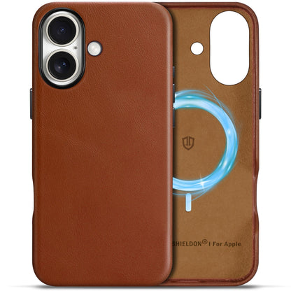 SHIELDON Case for iPhone 16 Pro 6.3" 2024, Genuine Leather, Magnetic Wireless Charging, Slim Fit, Non-Slip, Metal Button, Shockproof Protective Case Compatible with iPhone 16 Pro - Nappa Saddle Brown