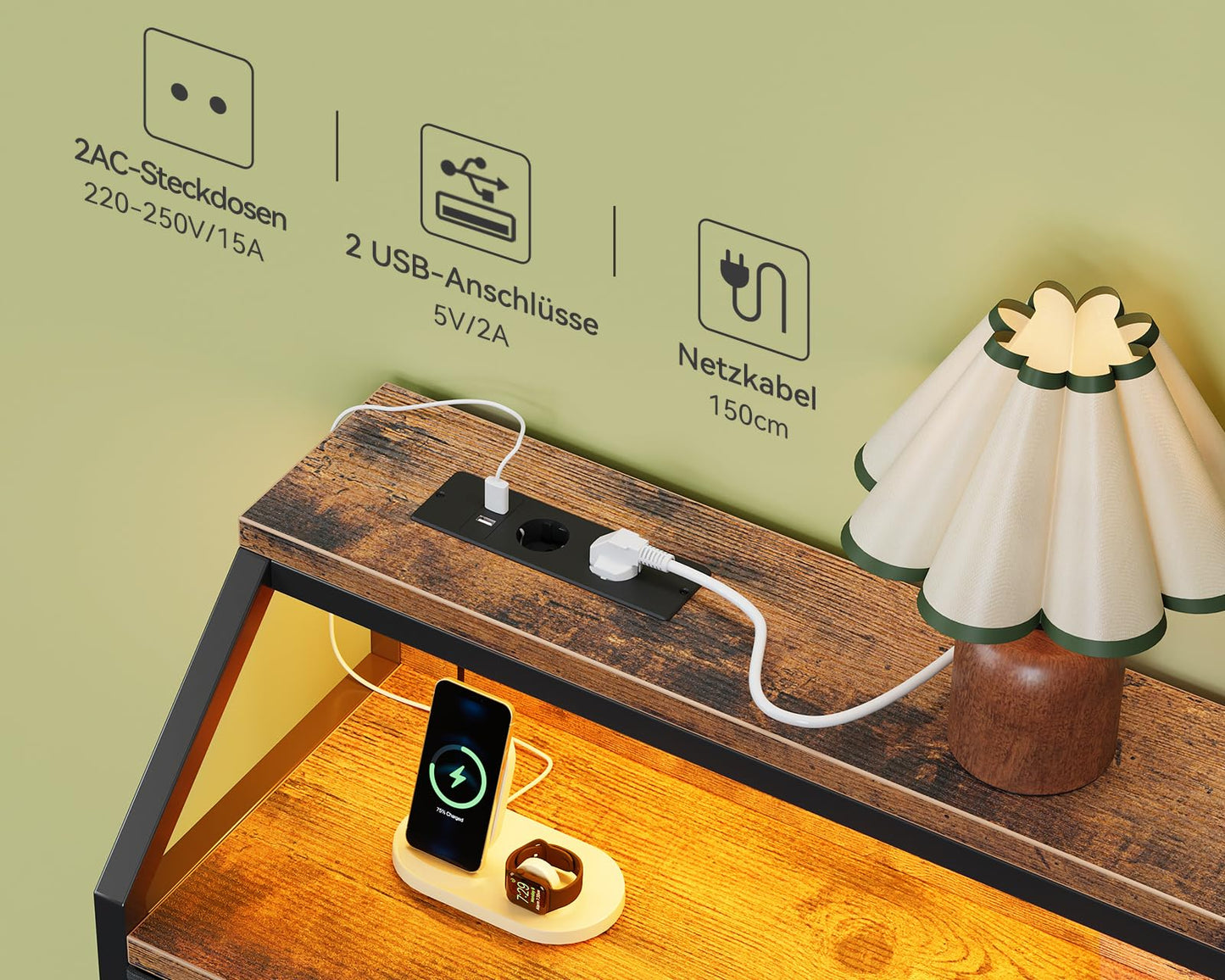 Comoda ODK cu 9 sertare, LED 10 culori, 2 prize si 2 USB