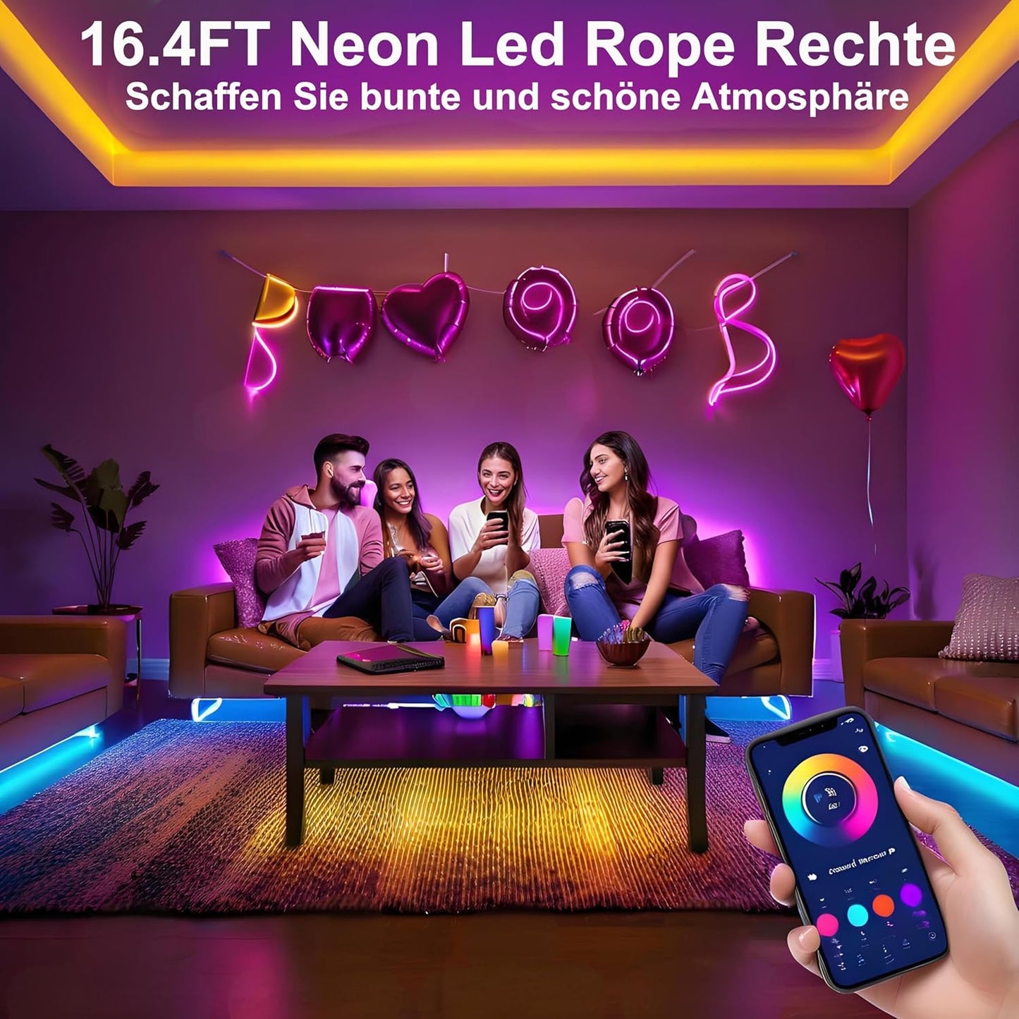 calflux Neon LED Strip 10 m, RGB Strip Fairy Lights, IP65 Waterproof LED Strip with Bluetooth Remote Control, 24 V LED Strip Colour Changing for Bedroom, Room, Indoor and Outdoor Decoration