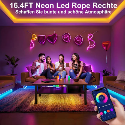calflux Neon LED Strip 10 m, RGB Strip Fairy Lights, IP65 Waterproof LED Strip with Bluetooth Remote Control, 24 V LED Strip Colour Changing for Bedroom, Room, Indoor and Outdoor Decoration