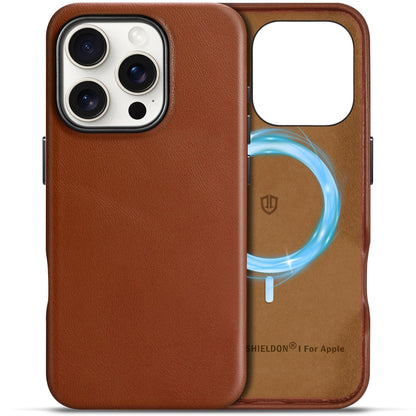 SHIELDON Case for iPhone 16 Pro 6.3" 2024, Genuine Leather, Magnetic Wireless Charging, Slim Fit, Non-Slip, Metal Button, Shockproof Protective Case Compatible with iPhone 16 Pro - Nappa Saddle Brown