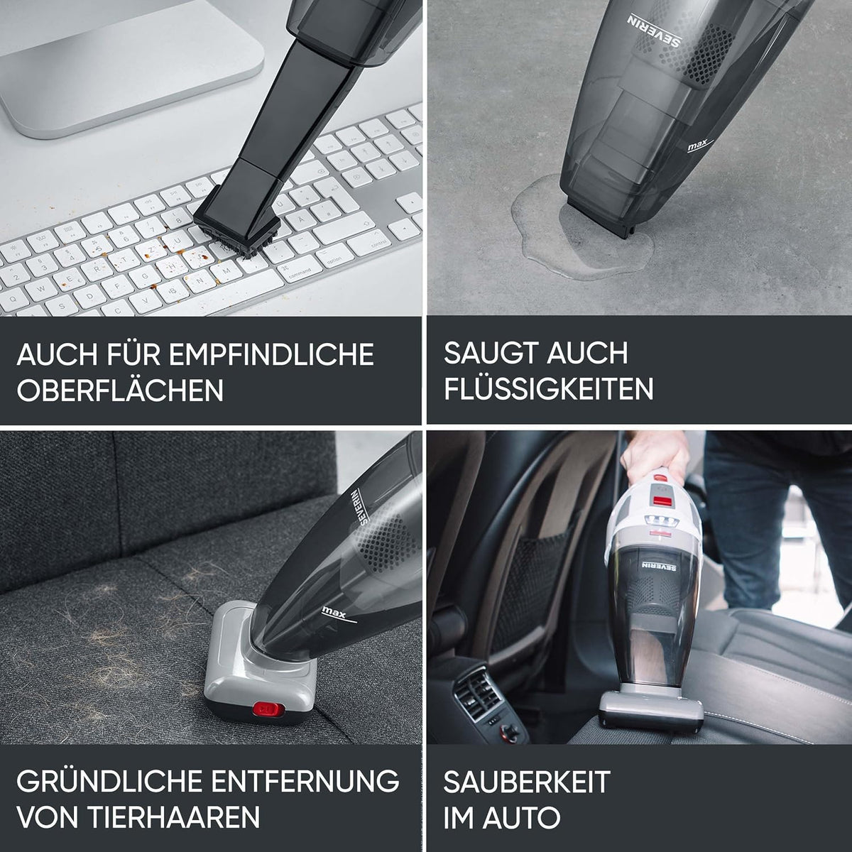Aspirator de mana fara fir SEVERIN HV 7146 4 in 1 pentru lichide si par de animale, alb/gri/rosu
