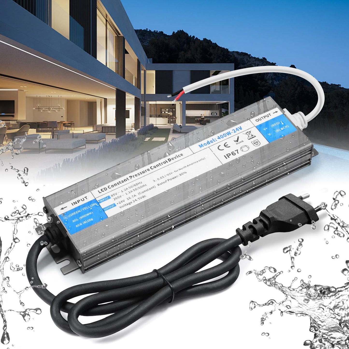 Transformator 220V-24V 400W IP67 pentru LED Strip - BRIMETI, 16.7A