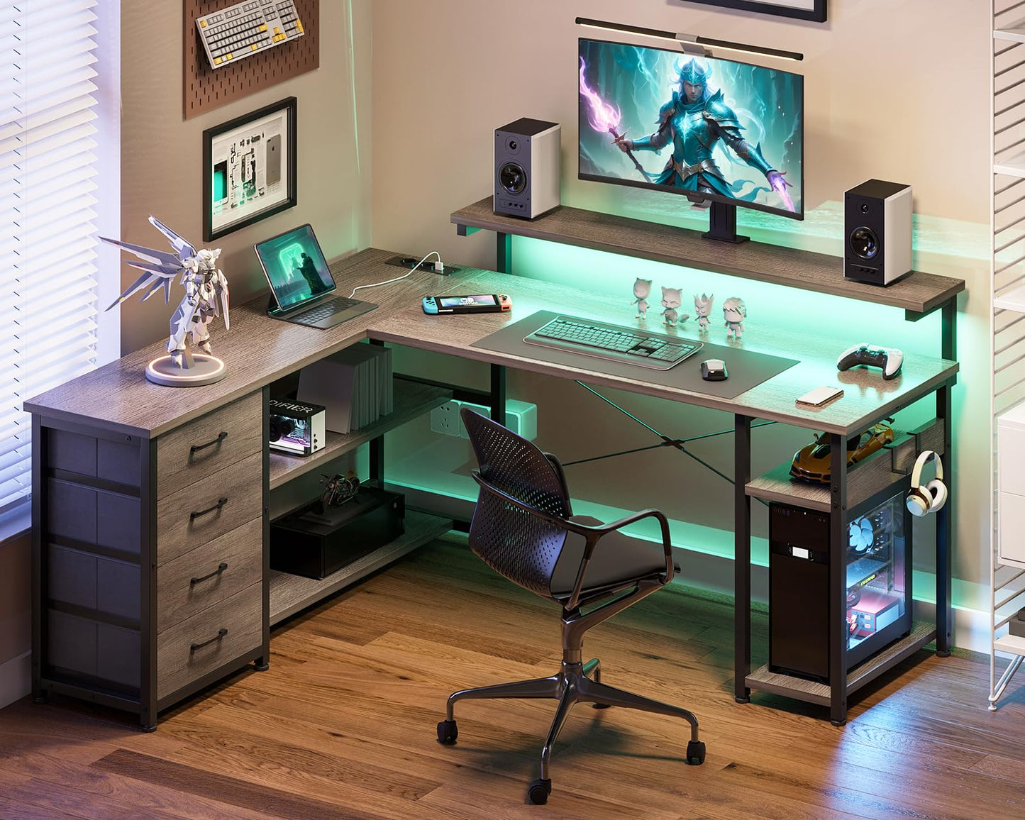 Birou ODK L-Shaped Desk 135x110cm LED prize si sertare gri