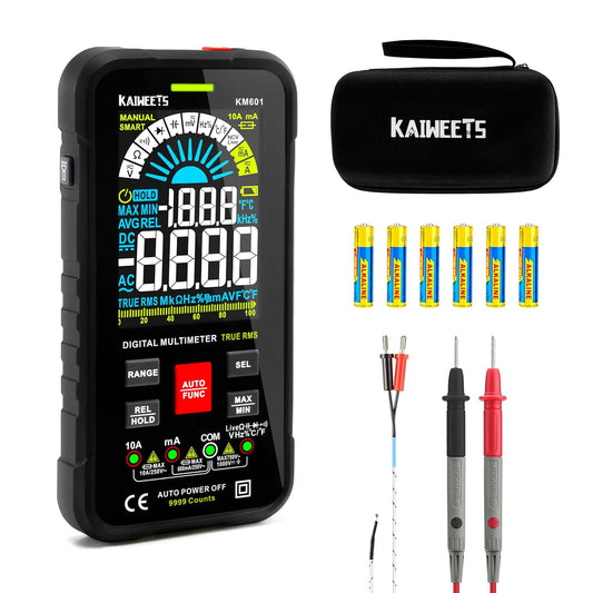 KAIWEETS Digital Multimeter Voltmeter Smart Electrical Tester Measures Voltage Current Resistance Continuity Duty-Cycle Capacitance Temperature Frequency Auto Ranging 10000 Counts TRMS