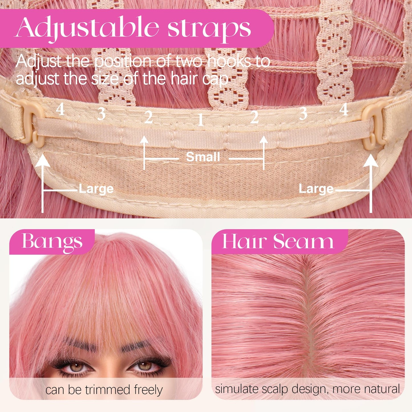 Peruca SOFEIYAN Bob Wavy Pink 30 cm, breton, fibra termorezistenta