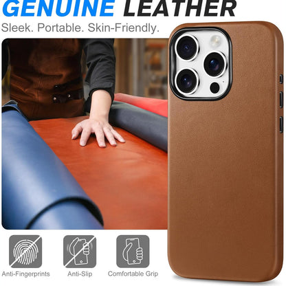 SHIELDON Case for iPhone 16 Pro 6.3" 2024, Genuine Leather, Magnetic Wireless Charging, Slim Fit, Non-Slip, Metal Button, Shockproof Protective Case Compatible with iPhone 16 Pro - Nappa Saddle Brown