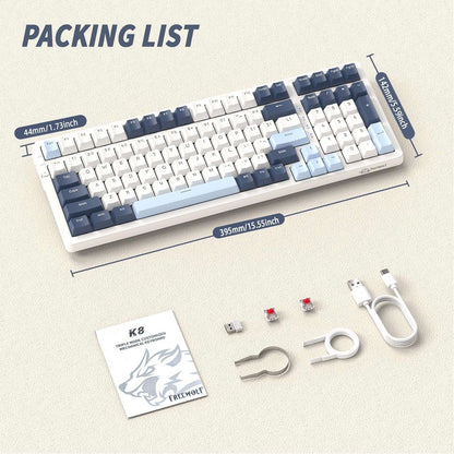 FREEWOLF K8 Wireless Hot Swap Mechanical Gaming Keyboard, Wired RGB Rainbow Backlit Keyboard Red Switch, Bluetooth 5.0/2.4Ghz/USB- C Tri Mode with 4000mAH Battery, US Layout for Mac/Win - Blue/White